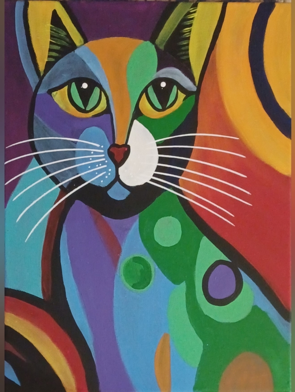 Original Acrylic Colorful Abstract Cat Canvas- Multicolor
